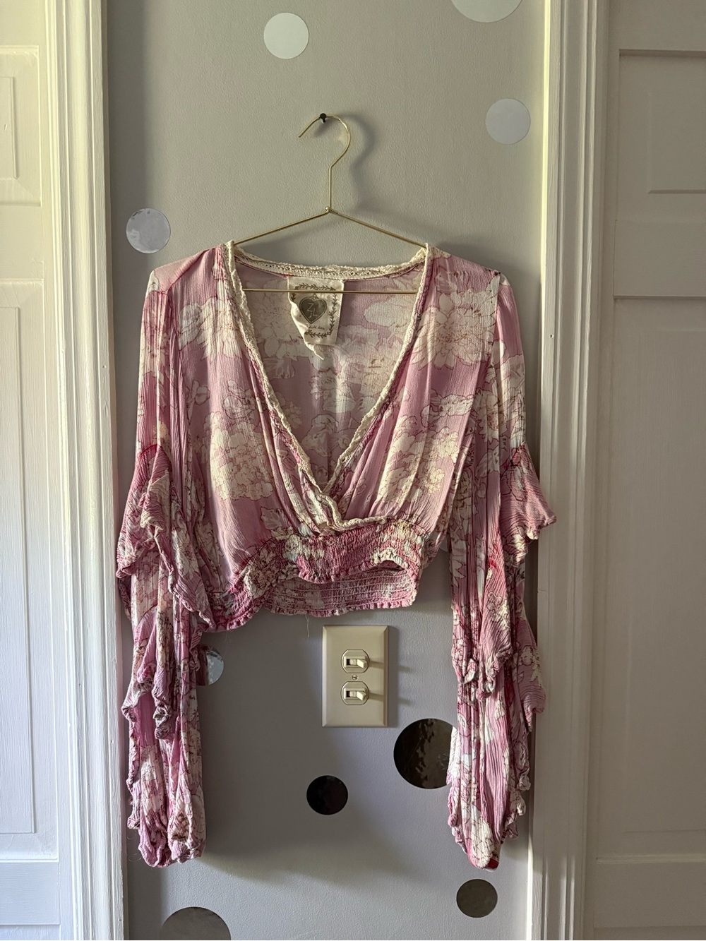Boho Pink Floral V-Neck Cropped Blouse